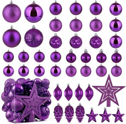 Christmas Ball Baubles Decoration Tree Ornaments including Balls Stars and a Tree topper Shatterproof Xmas Hanging 43 Pieces Set Home Office Outdoor indoor (Purple, 43pc)