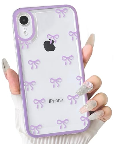 NITITOP Compatible with iPhone XR Case Cute Clear Purple Durable Ribbon Bowknot Pattern for Girls Women Soft TPU Transparent Full Camera Lens Shockproof Protective Phone Cover - Purple