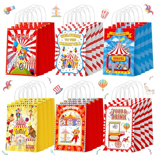 Zhanmai 24 Stück Karneval Geschenktüten Zirkus Party Gastgeschenke Taschen Papier Clown Karneval Goodie Süßigkeiten Leckerli Taschen mit Griffen für Zirkus Motto Geburtstag Party Dekorationen Supplies