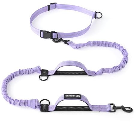 Mile High Life | Retractable Hands Free Dog 7FT Leash | Waist Running Adjustable | Reflective Dual Black Bungees | Dual Handles | Small Medium Large Dogs | (Light Purple)