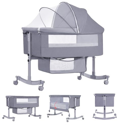 Sinbide 4-in-1 Babybett, Babywiege mit Rollen, Stubenwagen mit Moskitonetz, 4-stufig höhenverstellbares Kinderbett, Klappbares und abnehmbares Kinderreisebett, Geschenk für Babys (hellgrau)