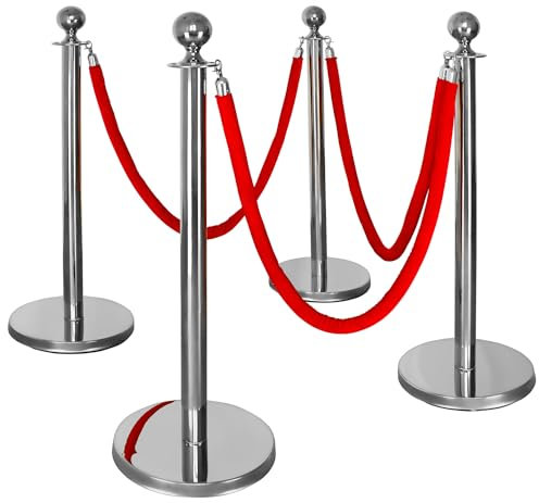 4-teiliges Personenleitsystem mit Kordel Absperrung Absperrkordel Absperrband Abgrenzungsständer Absperrpfosten Leitpfosten Abstandhalter Silber Rot V2Aox