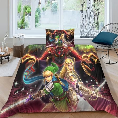SHUNXIFQ The Legend of Zelda Bettwäsche Set, 3D Mikrofaser Bettwäsche-Sets 2teilig Mit Reißverschlussmit Bettbezug Und Kissenbezug,für Familien Kinder Single(135x200cm)