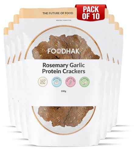 FOODHAK Rosemary and Garlic Protein Gluten Free Crackers Pack of 10 (10 x 100g) with Chia - Pumpkin, Flaxseed, and Sunflower Seeds - Plant-Based, High-Protein & Healthy Snack, Oven-Baked, Resealable