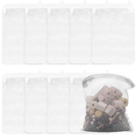 FerraDrend 10 Pezzi Sacchetti Filtranti in Rete per Acquario, 14.5x19.5cm Riutilizzabili Sacchetti Filtro per Acquario, con Cerniera, per Carbone Attivo, biosferi, Anelli in Ceramica, Bianco