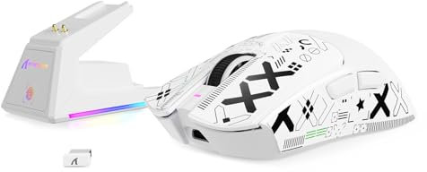 MAMBASNAKE x Attack Shark X1 Ratón Ligero para Juegos FPS con Base de Carga & Grip Tape, 49g Superlight, Sensor PAW3395 Pro 40K dpi, Tasa de Sondeo de 1000 Hz, BT/2,4G Wireless/Cable, PC/Mac - Blanco