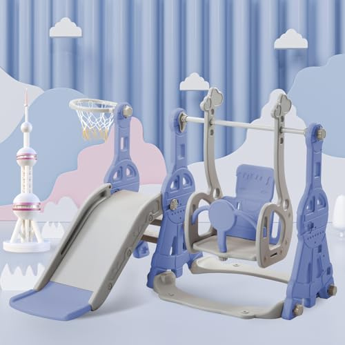 Tobogán infantil 4 en 1, toboganes para exteriores e interiores, con cesta de baloncesto, columpio, tobogán y escalera de escalada, zona de juegos interior y exterior (Azul-2)