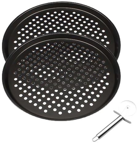 huoanpo 2 Stück Pizzablech rund 32 cm, gelocht und antihaft | Kohlenstoffstahl, perforiert, 2er Set, 31,8 cm, für Pizza, Flammkuchen, Backofen, Pizzaofen und Haushalt