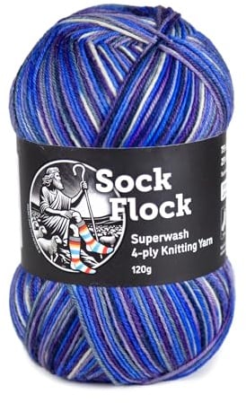 Sock Flock 120g 4-ply/Fingering Sock Yarn, New Zealand Wool 75% / Polyamide 25%, Machine Washable (420m/459y) - Blue Moon | Extra yardage for a large pair of adult socks. Soft, durable, machine washable and designed to retain shape wash after wash.