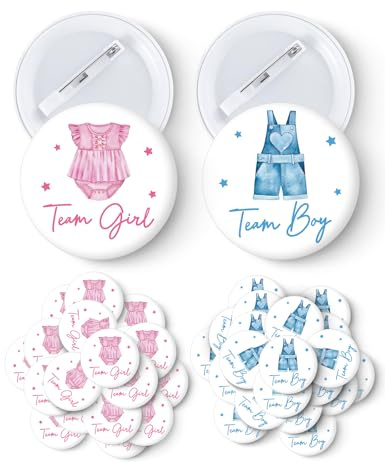 Cgvovgr 40 Pcs Gender Reveal Button Pins, Cute Clothes Pattern Team Boy or Girl Button Pins, Pink and Blue Baby Shower Party Baby Clothes Buttons Badges, for Gender Reveal Party Game Supplies