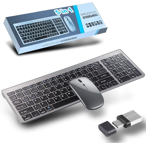 Wireless Bluetooth Keyboard and Mouse Set with USB C & USB A 2.4G Receiver-Full size Rechargeable Ergonomic Keyboard, Silent Keyboard Mouse Combo for Mac,Laptop,PC,Microsoft,ipad,Windows,Android,iOS