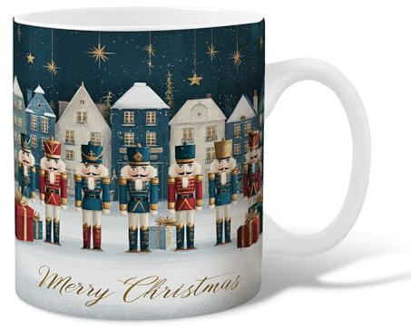 Nutcracker Ceramic Coffee Mug, Christmas Festive Xmas Tree Stars Blue Novelty Tea Cup with Handle Gift for Friends Family Coworkers Teachers Couples Employees 15 Oz