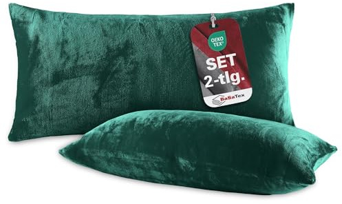 BaSaTex Plüsch Kissenbezug im Doppelpack | Cashmere Touch Kopfkissenbezug | Fleece Sofakissen Couchkissen | 100% Mikrofaser | 2X 40x80 cm | Dunkelgrün