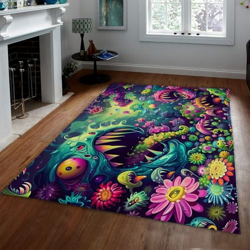 Bunter Monster Teppich 60x90 Gamer Dekoration Neon Fantasy Kreaturen Floral Cartoon Teppiche Vorleger maschinenwaschbare rutschfeste weicher mit niedrigem Luken für Wohnzimmer