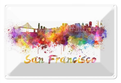 Wallario Blechschild Wandbild aus Metall Städte als Aquarell - Skyline von San Francisco - 20 x 30 cm in Premium-Qualität: Brillante Farben