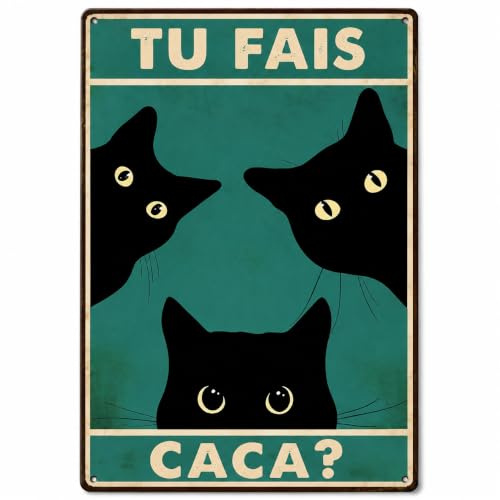 Gemejutor Cartel metálico con Frase en francés Tu fais Caca?, Cartel Retro con Gato Negro, 20x30 cm, decoración de Pared Divertida para baño y hogar