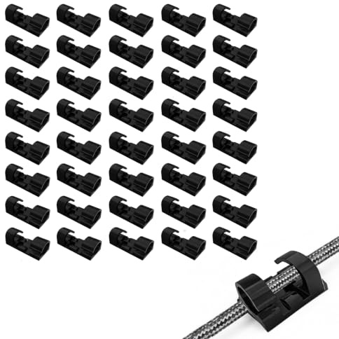 Cable Clips with Strong Self-Adhesive,40 Pack No Residue Wire Organiser,Black Small Sticky Cable Management Holder,for Desk Office PC TV Cord Extension Lead Car Dash Cam Acrylic Glue