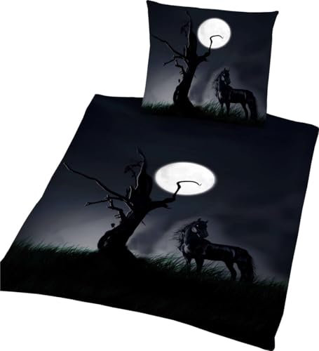 Renforce Bettwäsche schwarzes Pferd bei Vollmond 135x200cm Pferde Rappe