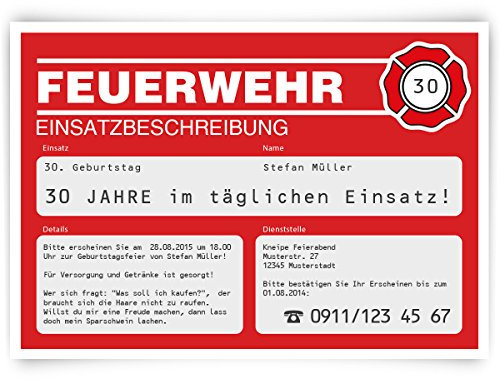 Einladungskarten zum Geburtstag (30 Stück) als Feuerwehr Einsatz Rot Feuer Feuerwache