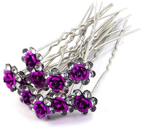 5starwarehouse® 10x Bridal Wedding Prom Silver Crystal Diamante Rose Flower Hair Pins Clips Grips (Purple)
