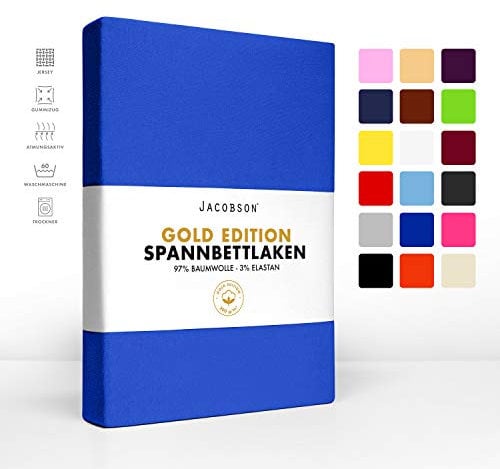 Jacobson Gold Edition Jersey Spannbettlaken Spannbetttuch Baumwolle mit ELASTAN ca. 200 g/m² (90x200 cm - 100x200 cm, Royal Blau)