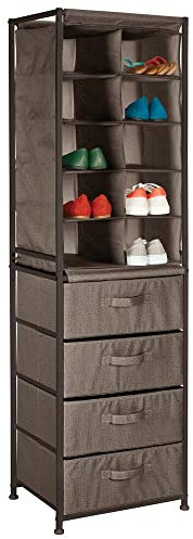mDesign Schuhregal – praktischer Schuhschrank mit Metallrahmen für den Eingangsbereich oder die Abstellkammer – Schuhablage mit 10 großzügigen Fächern und 4 Schubladen – dunkelbraun