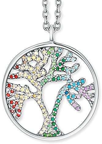Engelsrufer Damen Halskette aus Sterling Silber mit Lebensbaum Anhänger Multikolor - besetzt mit 118 bunten Zirkonia Steinen - Karabinerverschluss - in zwei Längen verstellbar - nickelfrei