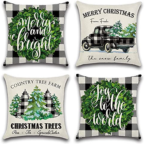 JOTOM Weihnachten Kissenbezug wasserdichte Kissenhülle 45x45cm 4er Set Sofakissen Dekokissen Bezug für Sofa Zimmer Outdoor Balkon Terrasse Patio Garten Outdoor (Schwarz-Weiß Kariertes Weihnachten B)