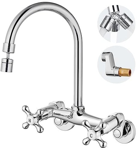 Airuida Wall Mounted Kitchen Faucet with Sprayer, Wall Mounted Kitchen Faucet, Double Cross Handles 360 Degree Swivel Spout, Restaurant Mixer Tap, Commercial, 15 cm Center, Matt Zwat