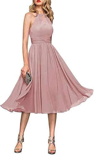 HPPEE Robes de demoiselle d'honneur de mariage pour juniors, robes de cocktail courtes sans manches à dos ouvert avec poches, vieux rose, 46