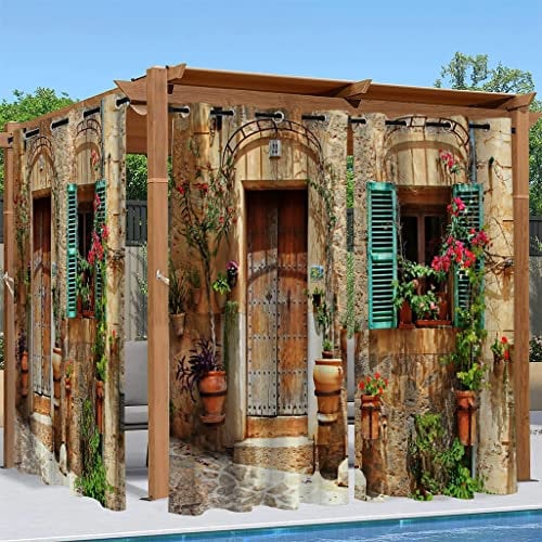 Syhi Qlty Outdoor Vorhang Wetterfest, Verdunkelungsvorhang Sonnenschutz Sichtschutz Vorhänge für Garten Terrasse Balkon Pavillon Pergola, 2 Stück 132 x 213 cm, 3D Blume Haus