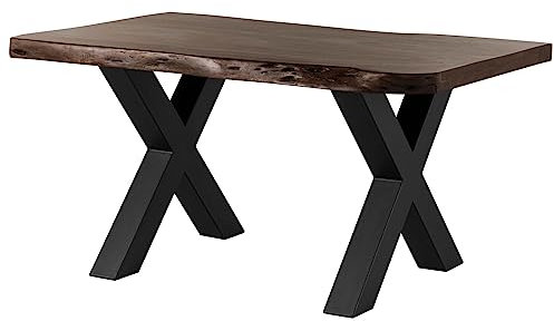 MASSIVMOEBEL24.DE | Freeform 5 Baumkantentisch aus Massivholz - Braun | 140x90 cm | Metallbeine X-Form anthrazit matt | aus Akazienholz | Esstisch echte Baumkante