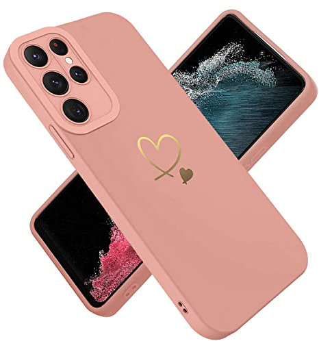 Paitech Hanyhülle für Samsung Galaxy S22 Ultra Hülle, Ultra Dünn Weiche TPU Silikon Case Stoßfeste Schutzhülle Kameraschutz mit Niedliche Gold Liebesherzform Muster für Samsung S22 Ultra Hülle, Rosa