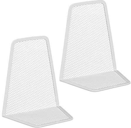 Relaxdays Buchstütze, 2er-Set, modernes Mesh-Design, Bücher und Ordner, Buchhalter HxBxT: 14 x 12 x 9 cm, Metall, weiß