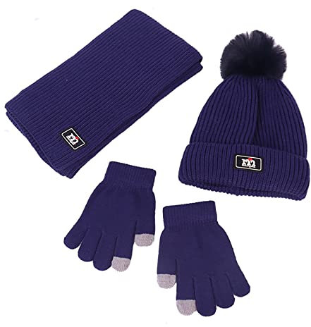 NautySaurs Jungen Mädchen Mütze Schal und Handschuhe Set Winter Thermo Strick Häkelmütze Bommelmütze Fleece Gefüttert Beanie für Kinder im Alter von 2-8 Jahren, navy, Einheitsgröße