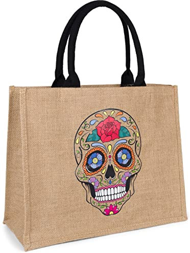styleBREAKER Damen Leinen Henkeltasche mit Sugar Skull Totenkopf, Baumwoll-Tragegriffen, Strandtasche, Einkaufstasche 02012394, Farbe:Braun