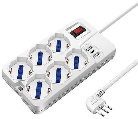 Mscien Ciabatta Multipresa con 3 USB (1 USB-C), 6 Prese, Multipresa Elettrica da Scrivania, Ciabatta Elettrica Presa con interruttore automatico di protezione 10A, 2500W, 1.5 metri Cavo
