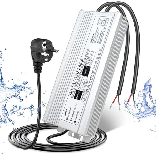 LED Trafo 12V 400W IP67, Outdoor Wasserdicht Transformator mit Stecker, LED Netzteil Treiber 230V auf DC 12 Volt Adapter, LED Driver Außen für LED-Streifen Lampen Strahler Lichtbänder