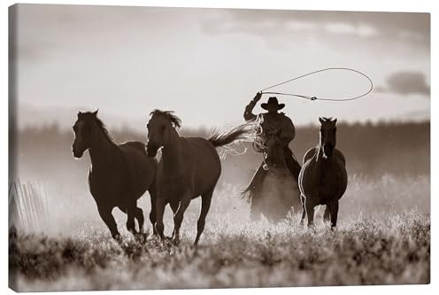 Posterlounge Cowboy der Pferde fängt Leinwandbild von Richard Wear 30 x 20 cm Sepia Wandbilder Wanddeko