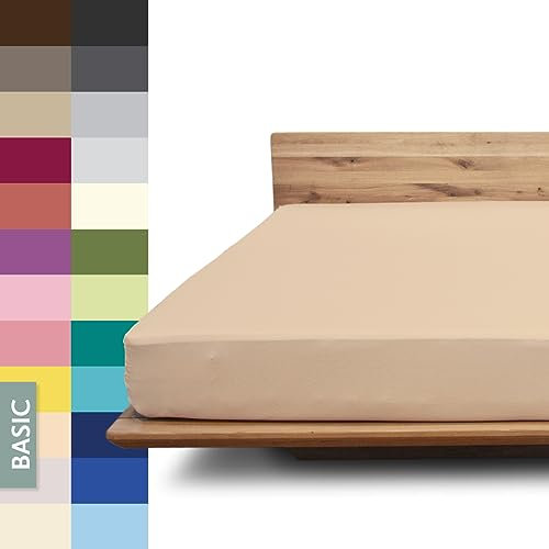 JONA SLEEP® Basic Spannbettlaken (180-200 x 200-220 cm) 190 g/m² faltenfreies Baumwoll-Jersey Leintuch - Made in Austria, Öko-Tex 100 Standard (Hellbeige)