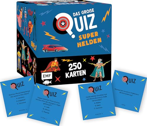 Kartenbox: Das große Quiz – Superhelden. Was ist der Lieblingssatz von Groot? 250 Karten mit spannenden Wissensfragen und Fakten für Marvel-, DC-, Star Wars- und Manga-Fans ab 8 Jahren