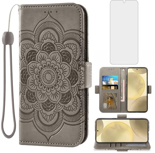 Asuwish Handyhülle für Samsung Galaxy S24 5G Hülle mit Glas Folie Schutzfolie Kartenfach Klappbar Leder Geldbörse Ständer S 24 24S S24Hülle Handy Hüllen Mandala Schutzhülle Handyhüllen Phone Case Grau