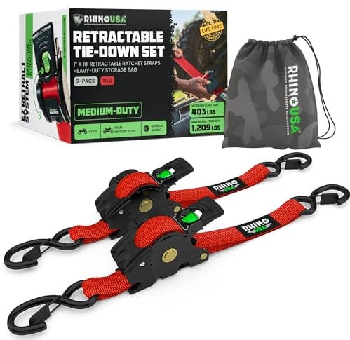 Rhino USA Selbstaufrollende Spanngurte (2er-Pack) - 2.5cm x 3m (540kg Bruchfestigkeit) - Hochleistungs-Automatik-Spanngurte für LKW, Anhänger, Motorrad, Fahrrad & Mehr - Rot