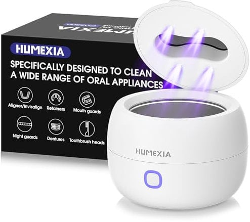 HUMEXIA Retenedor ultrasónico UV limpiador para dentaduras postizas portátil profesional dental, alineador, protector bucal nocturno, máquina de limpieza para todos los aparatos dentales