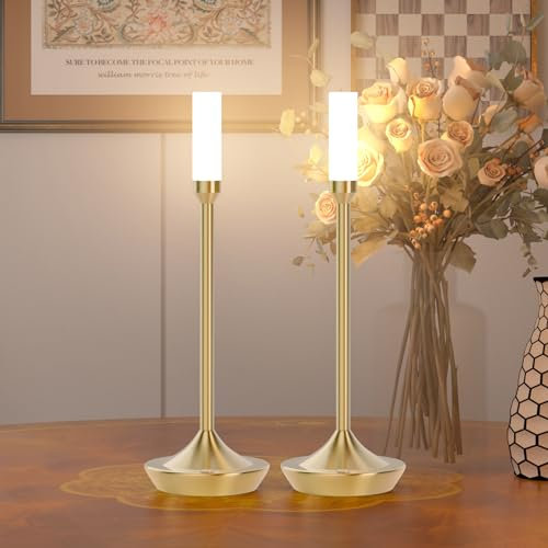 K-Bright Dimmbare LED Akku Tischleuchte, Kerzenhalter | 35.2cm Hohe | Wiederaufladbar | 3000 K Warmweiß | Designer Tischleuchte | USB-C aufladen | Messingfarbenem(2 Stück)