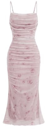 GORGLITTER Women's Summer Floral Ruched Bodycon Midi Dress Sleeveless Mesh Long Cami Cute Dresses Light Pink M