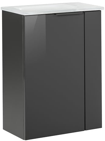 FACKELMANN Luna Gäste-WC Set 2 Teile – Waschtischunterschrank in Anthrazit mit Waschbecken aus Glas in Weiß – SBC Waschbeckenunterschrank schmal – Türanschlag Links – 45 cm breit