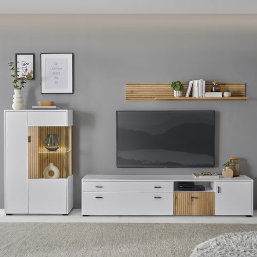 Lomadox Wohnwand Anbauwand TV-Wand Mediamöbel Vitrinenschrank LED Beleuchtung 200cm Lowboard Wandregal weiß matt Eiche gerillt