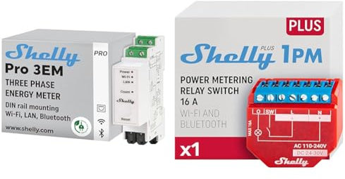 Shelly Pro 3EM (120A) | WLan & Bluetooth Smart Energy Monitoring 3-Phasen-Relaisschalter & Plus 1PM | WLAN & Bluetooth Relais Schalter mit Strommessung