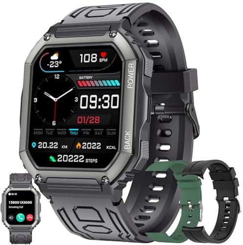 Smartwatch Herren mit Telefonfunktion, 1.8 HD Sportuhr Herren mit Bluetooth Anrufe Fitnessuhr Herzfrequenzmonitor Schrittzähler, Smart Watch für iOS Android, Smartwatch mit 3 Uhrenarmbänder (Schwarz)
